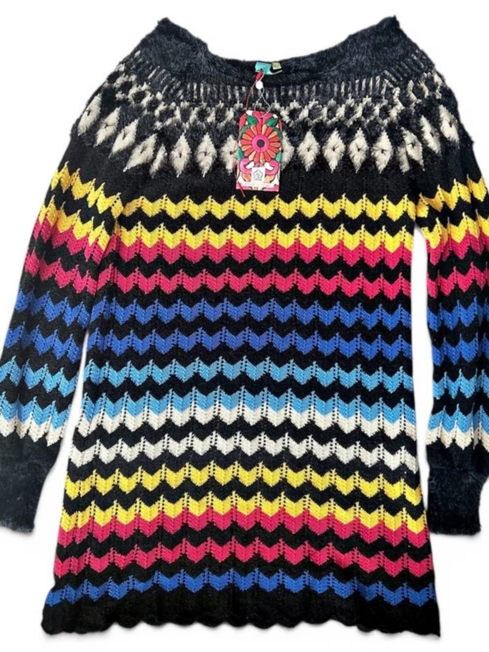 FARM Rio Black Knit Midi Dress with Pink, Yellow & Blue Chevron